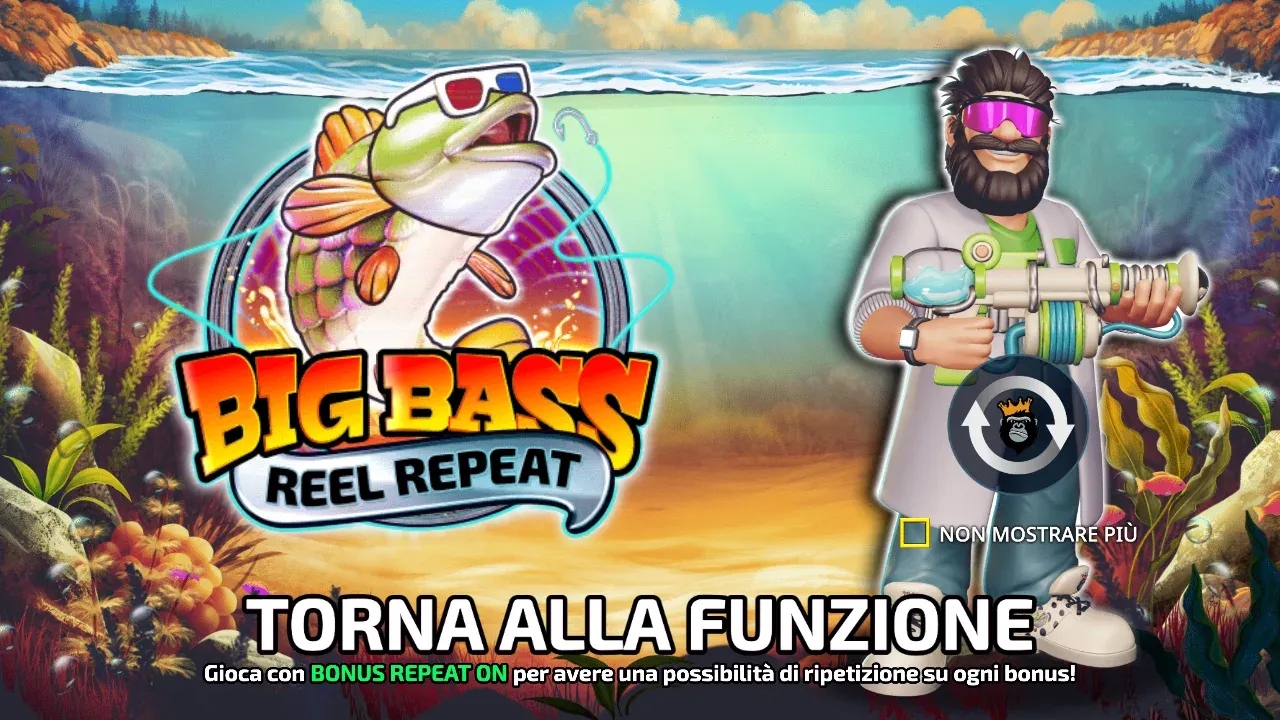Intro di Big Bass Reel Repeat: torna alla funzione, gioca con bonus repeat per una possibilità di ripetizione