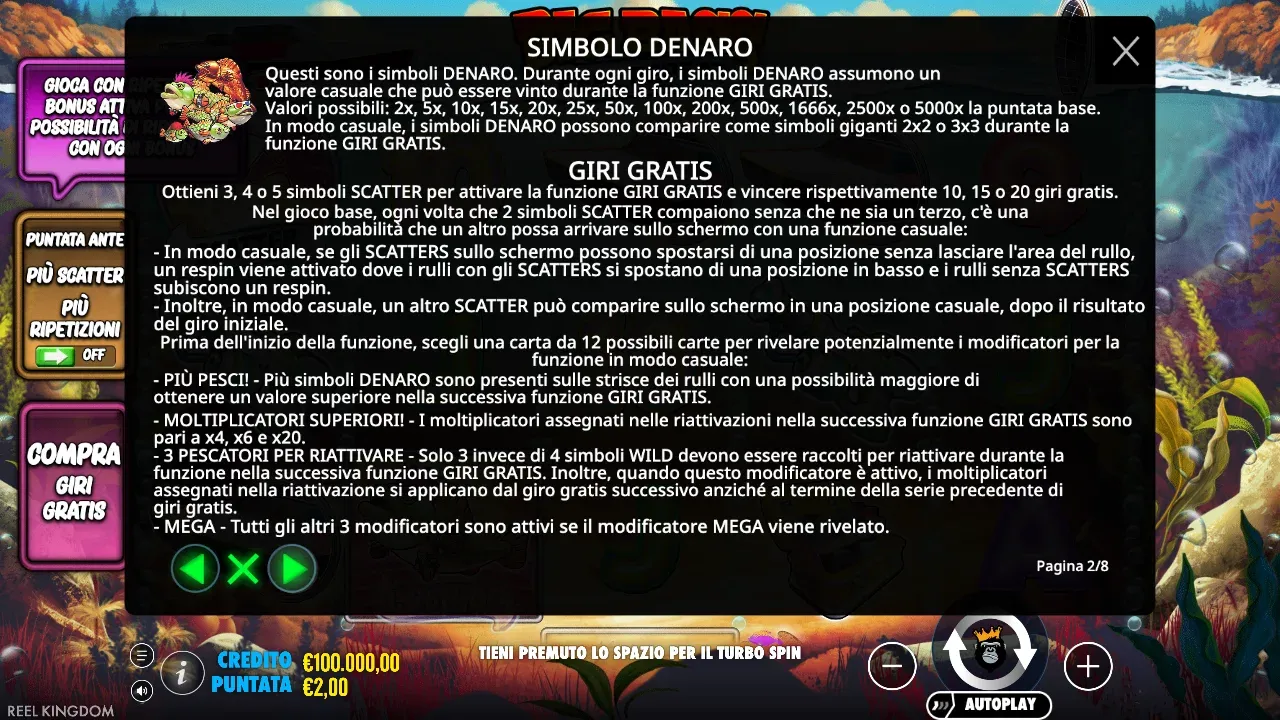 Regole di Big Bass Reel Repeat: giri gratis, scelta di una carta fra 12 e i modificatori Più pesci, Moltiplicatori superiori, 3 pescatori e Mega