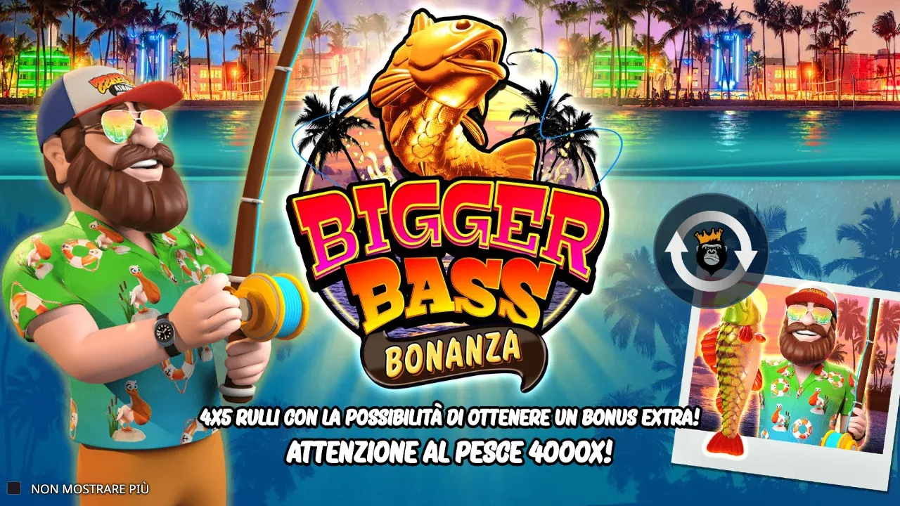 Intro di Bigger Bass Bonanza: 4x5 rulli con la possibilità di ottenere un bonus extra, attenzione al pesce 4000x