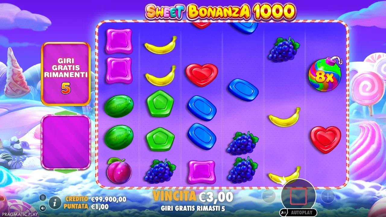 Sweet Bonanza 1000 nei giri gratis: una bomba da 8x sulla griglia senza nessuna vincita