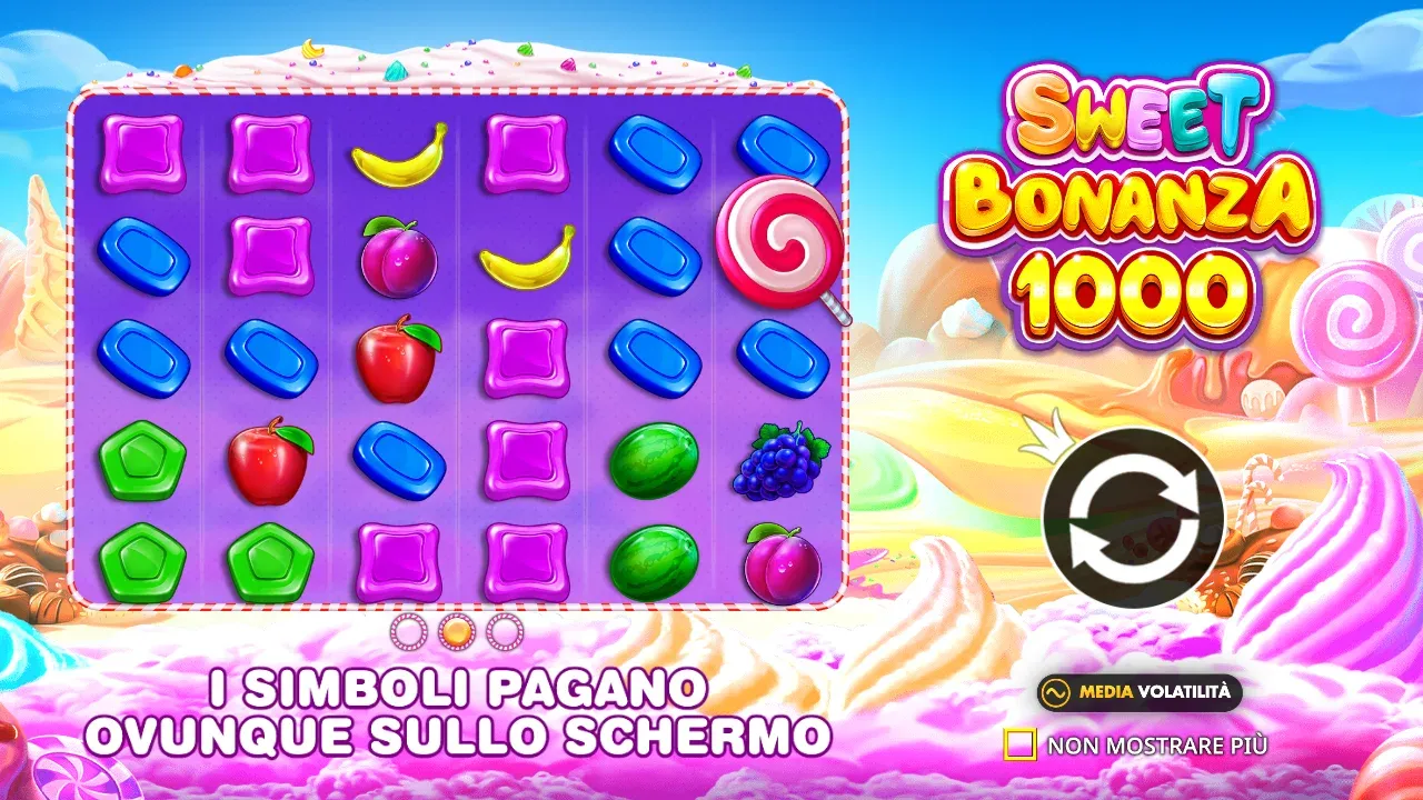 Intro di Sweet Bonanza 1000 nella demo italiana: vinci fino a 25.000x la puntata, media volatilità