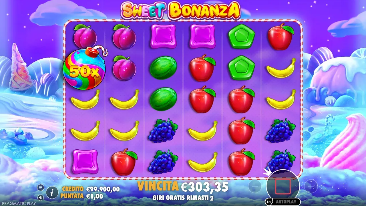 Sweet Bonanza nei giri gratis con una bomba da 50x sulla griglia