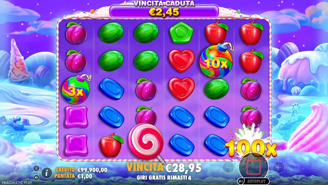 Sweet Bonanza nei giri gratis con tre bombe moltiplicatrici da 100x, 10x e 3x sulla griglia