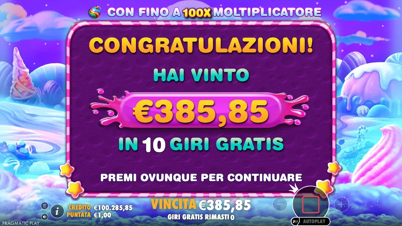 Demo di Sweet Bonanza: Congratulazioni, hai vinto 385,85 euro in 10 giri gratis