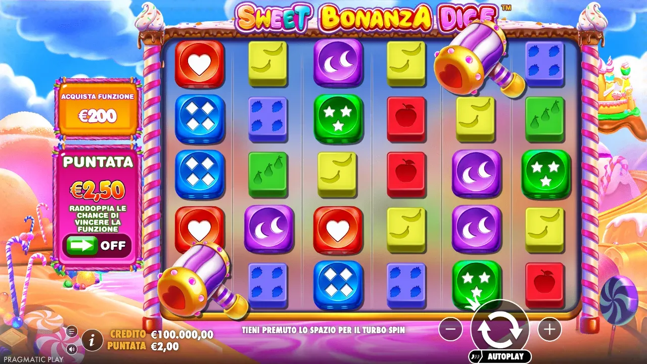 Sweet Bonanza Dice nella demo italiana con dadi colorati al posto della frutta