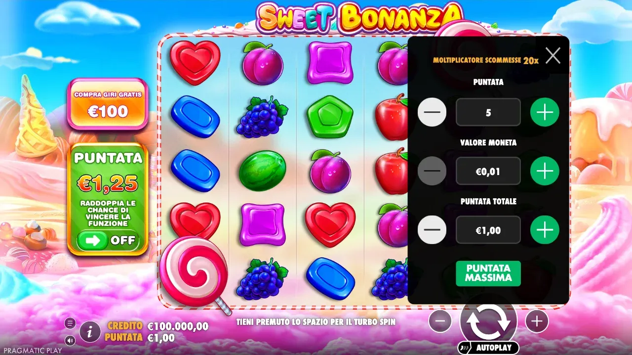 Menu delle puntate di Sweet Bonanza con Puntata, Valore moneta e Puntata totale a 1 euro