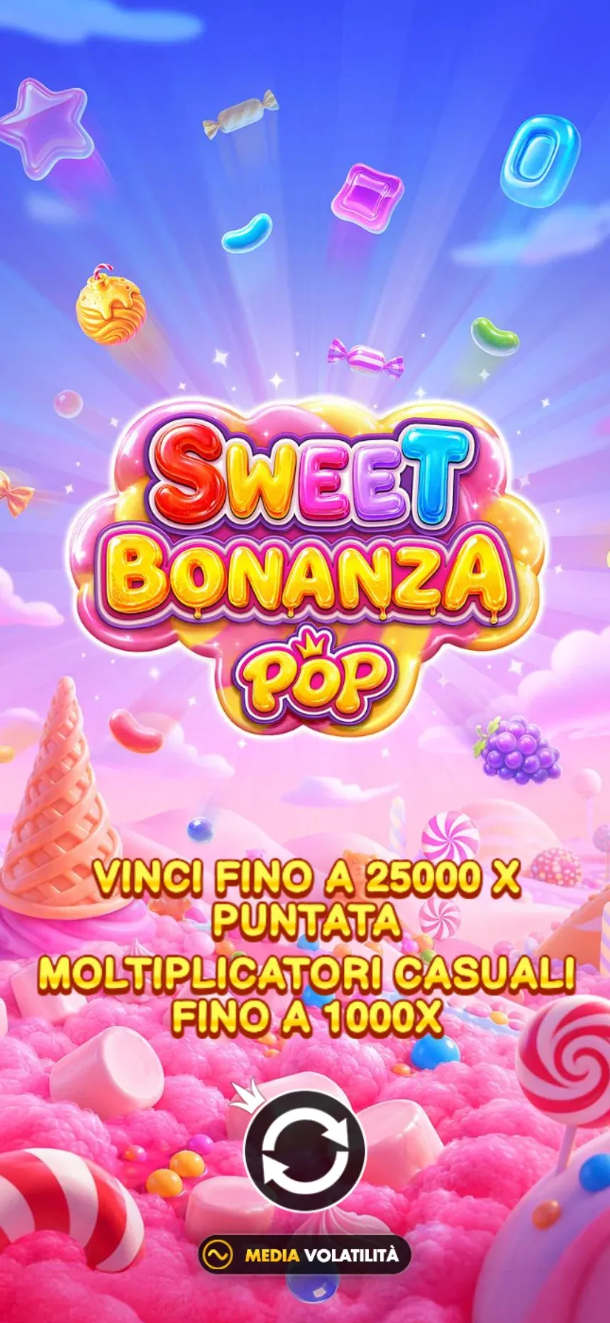 Intro di Sweet Bonanza POP: vinci fino a 25000x la puntata, moltiplicatori casuali fino a 1000x, media volatilità