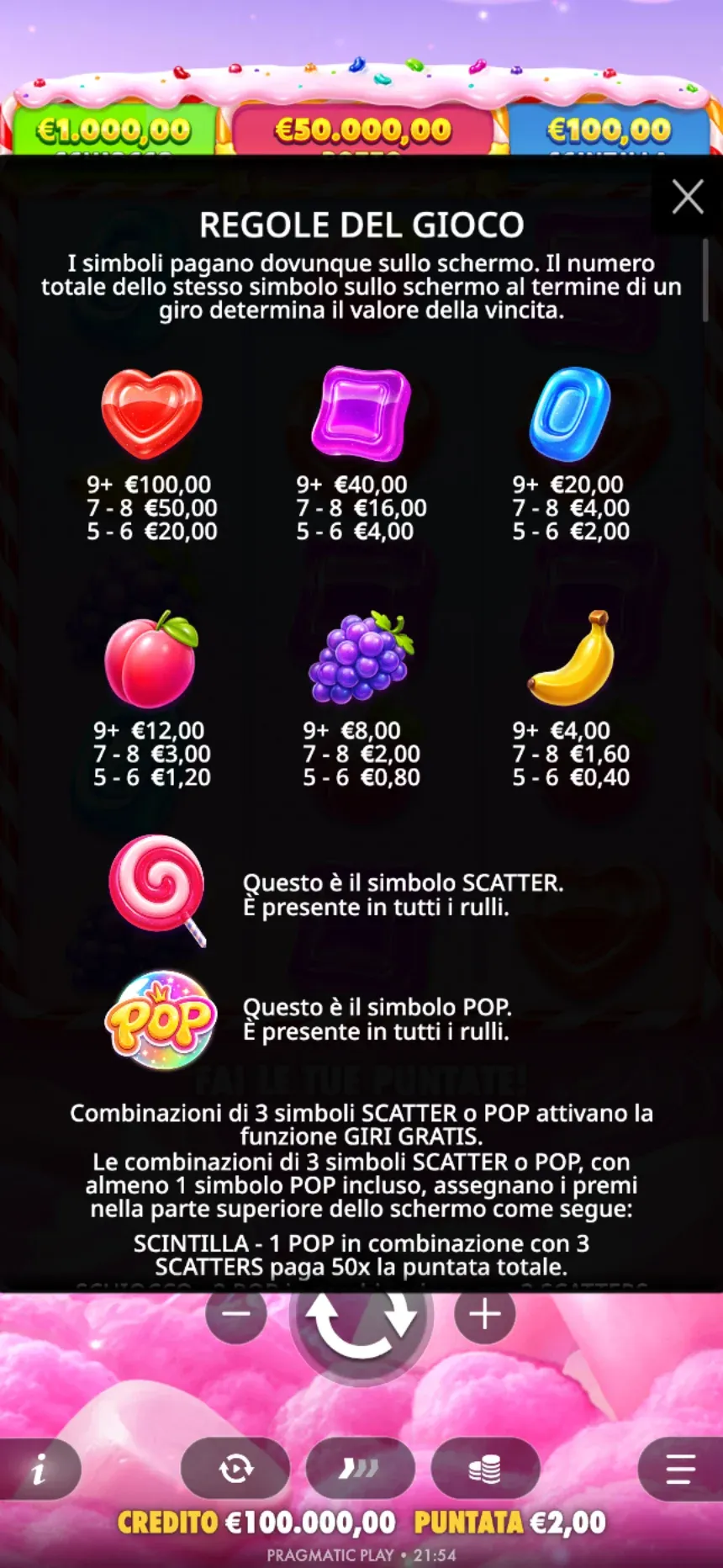 Regole di Sweet Bonanza POP: tabella dei pagamenti da 5 simboli, simbolo scatter e simbolo POP