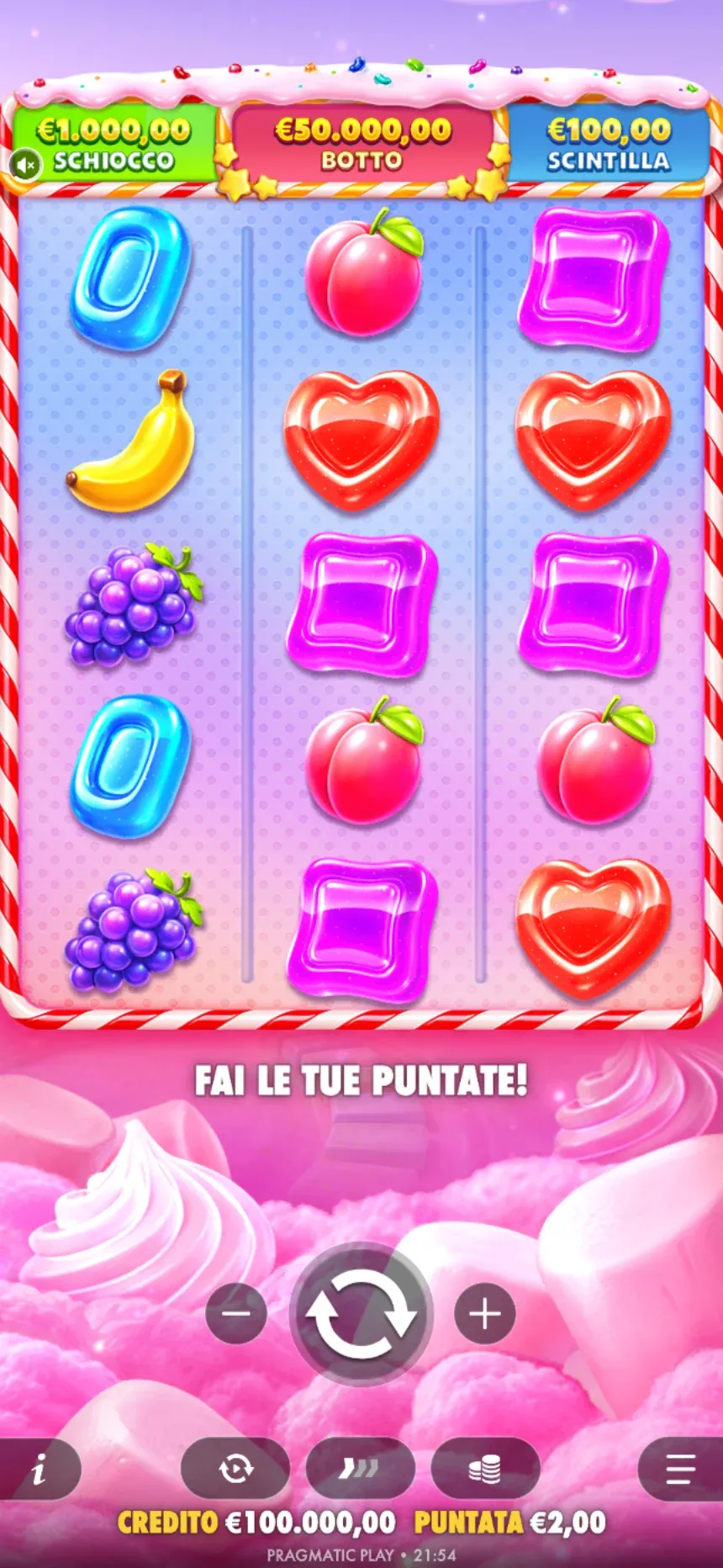 Sweet Bonanza POP in verticale con griglia 3x5 e i premi Schiocco, Botto e Scintilla
