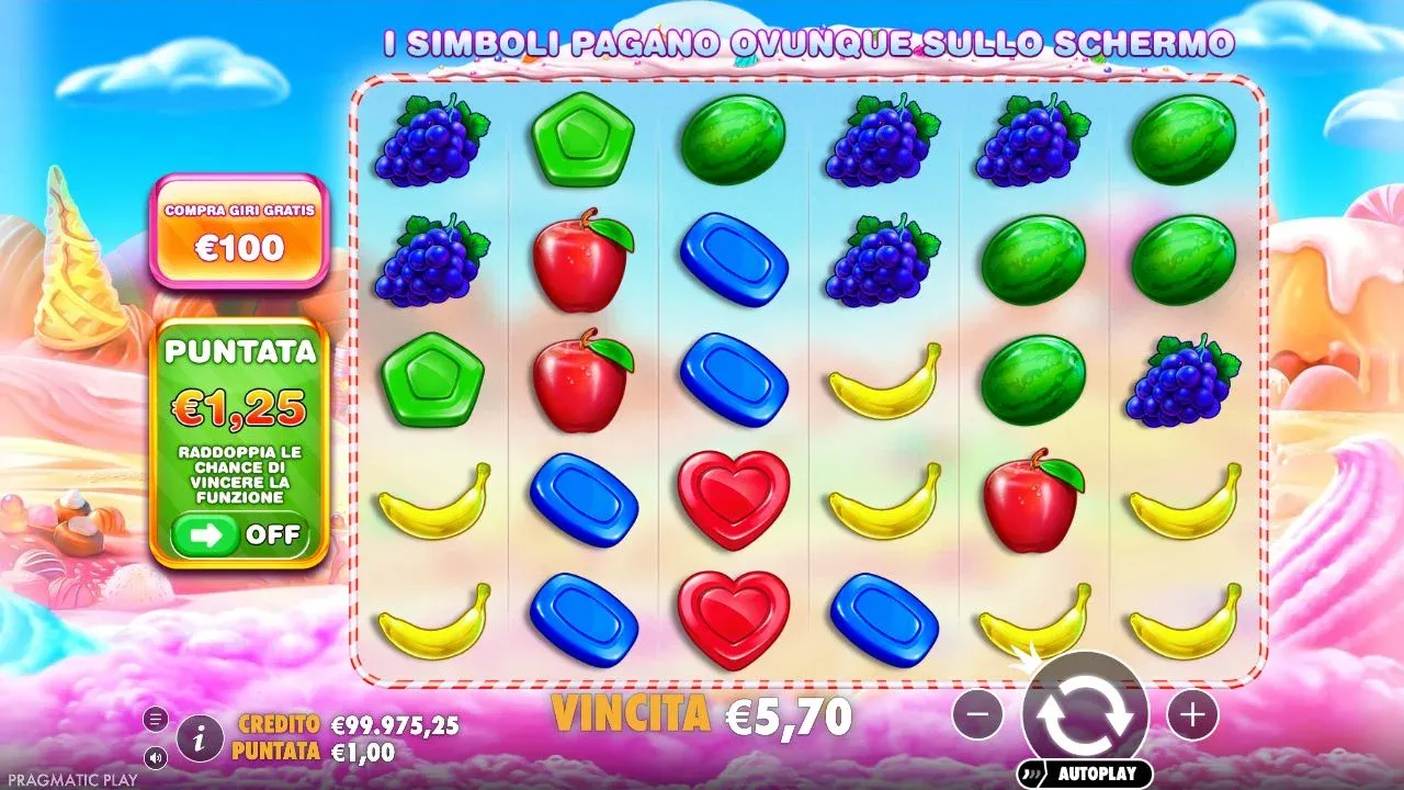 Sweet Bonanza dopo il giro 49 della prova: vincita di 5,70 euro con 1 euro di puntata