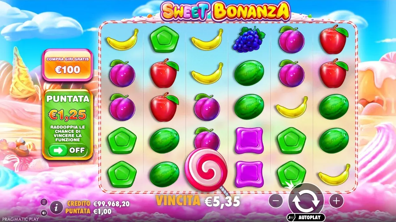 Sweet Bonanza dopo il giro 74 della prova con cinque cadute di fila e 5,35 euro di vincita