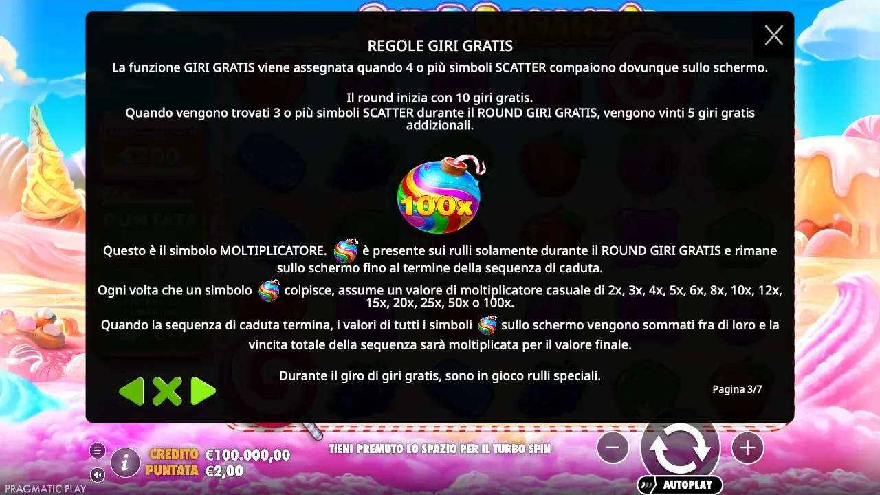 Regole dei giri gratis di Sweet Bonanza: 10 giri con 4 scatter, 5 in più con 3, moltiplicatore da 2x a 100x