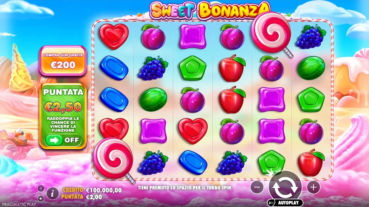 Sweet Bonanza nella demo italiana: griglia 6x5 di caramelle e frutta, a sinistra Compra giri gratis e Puntata Ante
