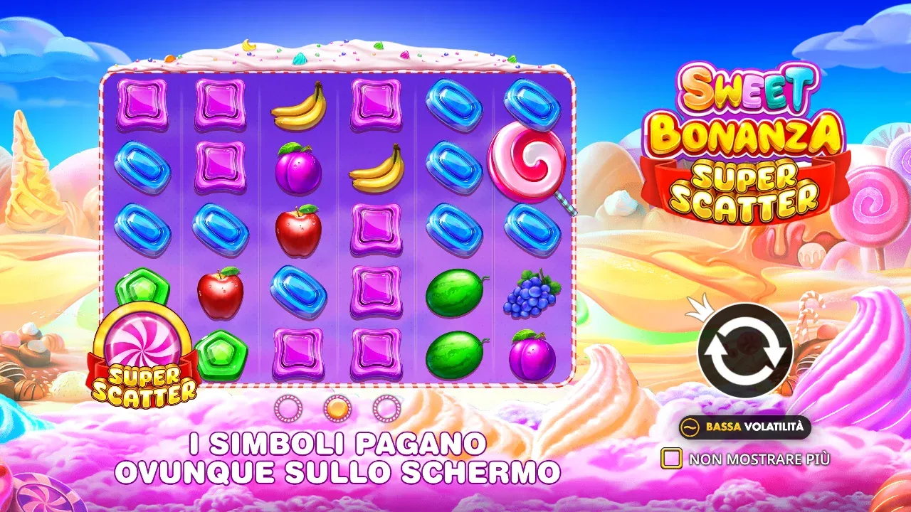 Intro di Sweet Bonanza Super Scatter nella demo italiana con il simbolo Scatter Super dorato