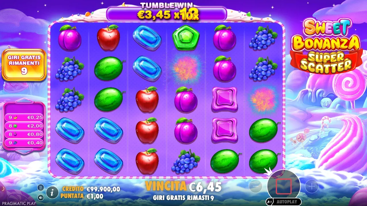 Sweet Bonanza Super Scatter nei giri gratis: catena da 3,45 euro moltiplicata per 12